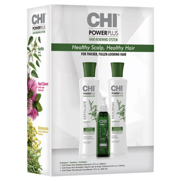 CHI POWERPLUS Rinkinys nuo plaukų slinkimo (šampūnas, kondicionierius, galvos odos purškiklis su vitaminais)355 ml+355 ml+104 ml