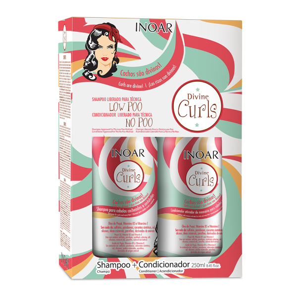 INOAR Divine Curls Duo Kit - priemonų rinkinys garbanotiems banguotiems plaukams, 2x250 ml