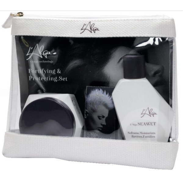 P L'Alga Travel Bag 4 Fortifying & Protecting Set paukų priežiūros priemonių rinkinys (šampūnas, kaukė, atstatomoji priemonė)