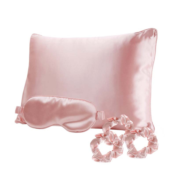 Be Osom Silky Satin Pink satino miego rinkinys: pagalvės užvalkalas, akių kaukė - miego akiniai, gumytės plaukams, premium satino