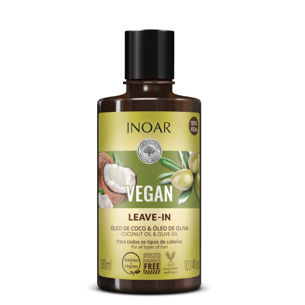 INOAR Vegan Leave-In nenuplaunamas kondicionierius su kokoso ir alyvuogių aliejais, 300 ml