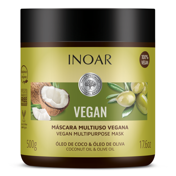 INOAR Vegan Mask daugiafunkcinė plaukų kaukė su kokoso ir alyvuogių aliejais, 500 g