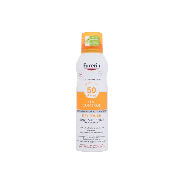 Eucerin Sun Oil Control Body Sun Spray Dry Touch Sun Body Lotion SPF 50 purškiamas losjonas nuo saulės, 200 ml