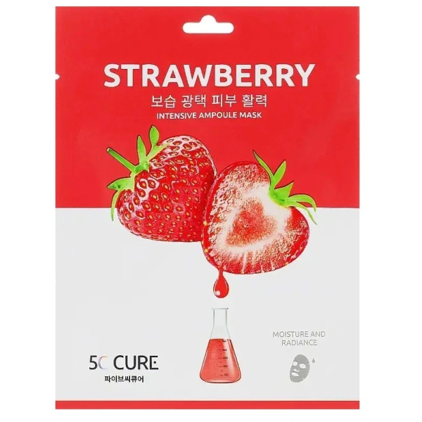 5C Cure Strawberry Intensive Ampoule Mask lakštinė veido kaukė su braškių ekstraktu, 1 vnt.