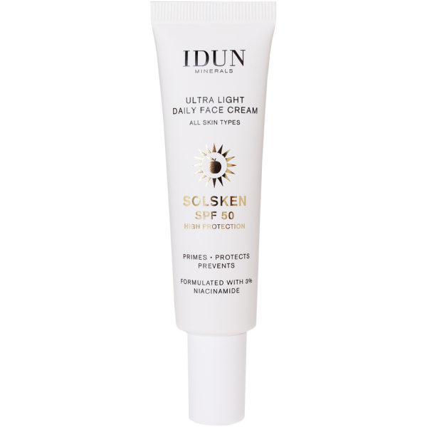 Idun Minerals ypač lengvas dieninis veido kremas su niacinamidu, visų tipų odai, SPF 50, 30 ml