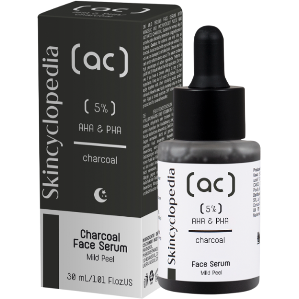 Skincyclopedia Charcoal Face Serum Mild Peel šveičiamasis veido serumas su 5% AHA ir PHA rūgščių kompleksu, 30 ml