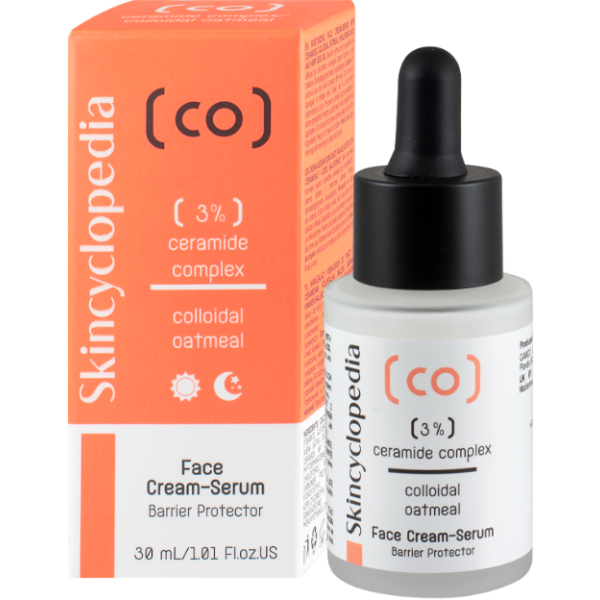 Skincyclopedia Face Cream-Serum Barrier Protector drėkinamasis veido serumas su 3% keramidų kompleksu ir koloidiniais avižiniais dribsniais, 30 ml