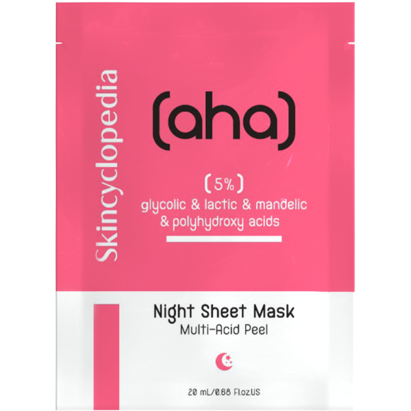 Skincyclopedia Night Sheet Mask Multi-Acid Peel šveičiamoji lakštinė veido kaukė su AHA ir PHA rūgštimis 5%, 1 vnt.