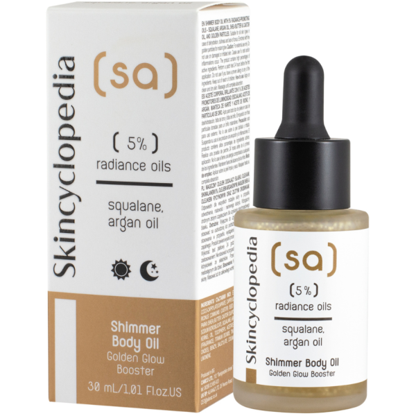 Skincyclopedia Shimmer Body Oil blizgesio suteikiantis kūno aliejus su 5% spindesį skatinančiais aliejais,skvalenu, arganų aliejumi ir aukso dalelėmis, 30 ml