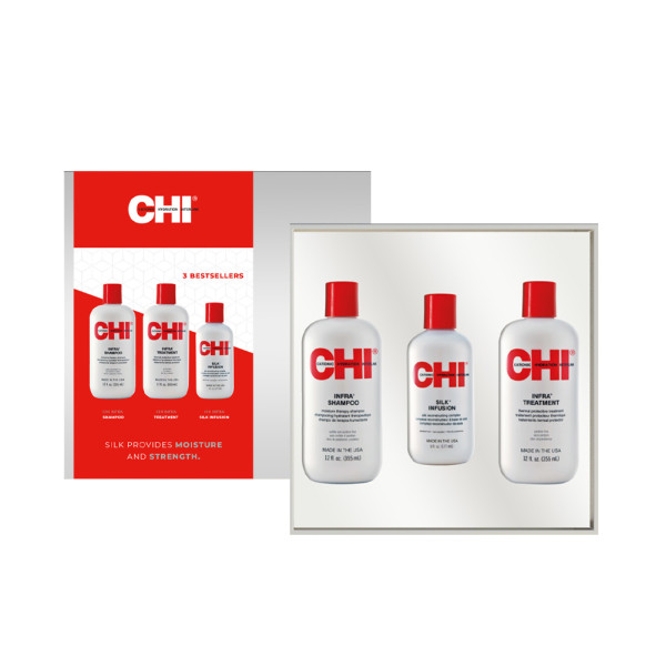CHI INFRA linijos su šilku rinkinys plaukams (šampūnas, kondicionierius, šilkas)