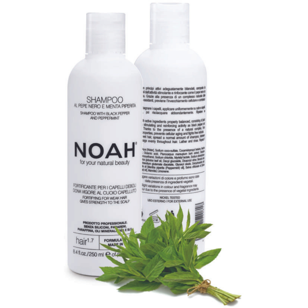 Noah 1.7. Shampoo With Black Peper And Pepermint Plaukus stiprinantis šampūnas silpniems, slenkantiems plaukams, 250 ml