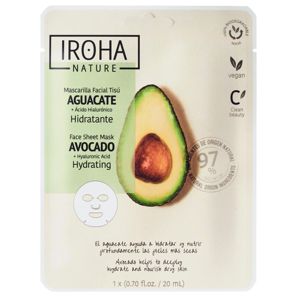 Drėkinamoji veido kaukė Iroha Hydrating Face Sheet Mask Avocado & Hyaluronic Acid, su avokadu ir hialurono rūgštimi