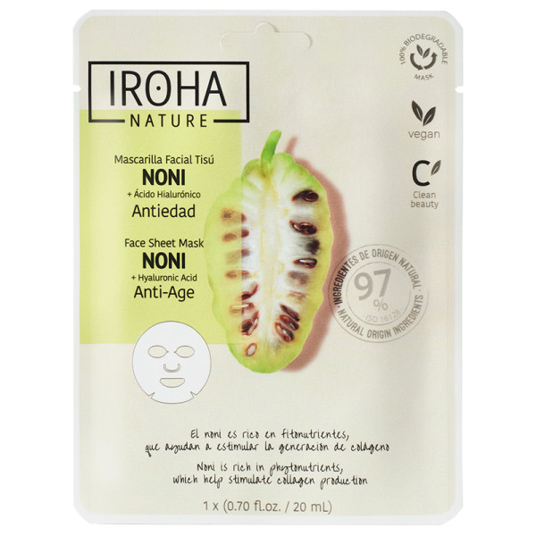 Stangrinamoji veido kaukė Iroha Anti-Age Face Sheet Mask With Noni & Hyaluronic Acid, su morinda ir hialurono rūgštimi