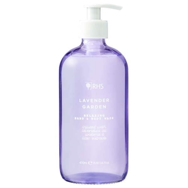 Rankų ir kūno prausiklis Heathcote & Ivory RHS Lavender Garden Relaxing Hand & Body Wash, stikliniame butelyje, 470 ml