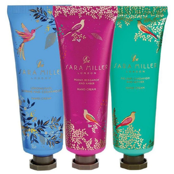 Rinkinys rankoms Heathcote & Ivory Sara Miller Hand Cream Trilogy Lemongrass Jasmine And Cedarwood, rinkinį sudaro trys rankų kremai, 3 x 30 ml