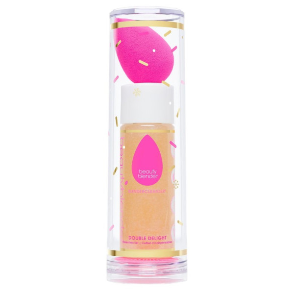 BeautyBlender Double Delight makiažo kempinėlių rinkinys: 1 makiažo kempinėlė, skystas kempinėlių valiklis ir silikoninis padelis