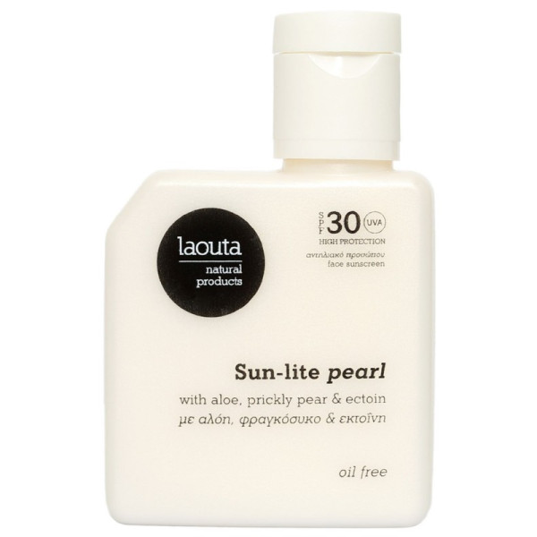 Drėkinamasis, švytėjimo veido odai suteikiantis kremas nuo saulės Laouta Sun Lite Pearl Oil Free Face Sunscreen, lengvos tekstūros, SPF 30, 50 ml