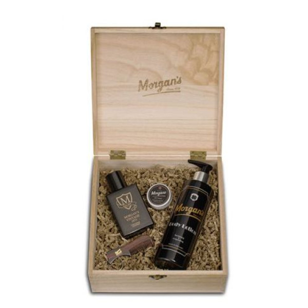 Morgan's Pomade kūno ir plaukų priežiūros priemonių rinkinys Morgan's Wooden Body & Cologne Box, rinkinį sudaro: odekolonas 50 ml, kūno losjonas 250 ml, pasta plaukams 15 ml, šukytės