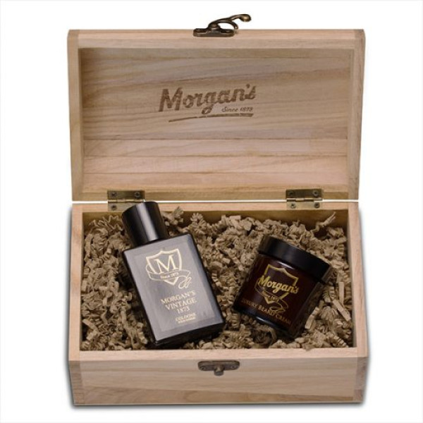 Morgan's Pomade priežiūros priemonių rinkinys po skutimos Morgan's Gentlemen's Vintage Luxury Chest, rinkinį sudaro: odekolonas 50 ml, barzdos kremas 50 ml