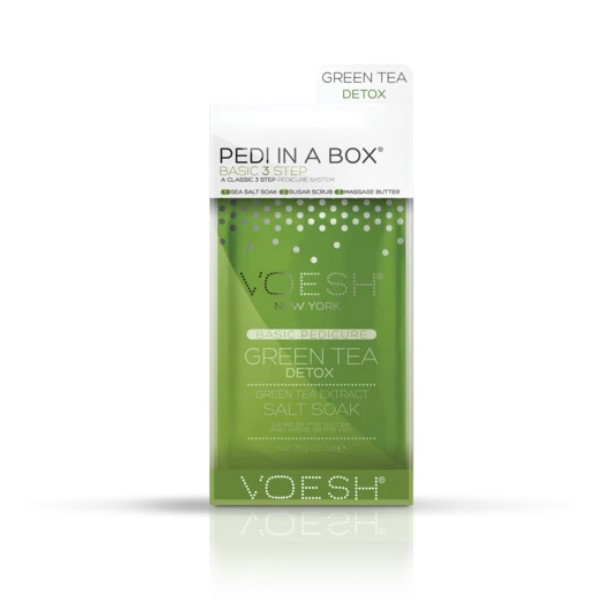 Procedūra kojoms Voesh Basic Pedi In A Box 3 in 1 Green Tea, su žaliosios arbatos ekstraktais, detoksikuoja pėdų odą