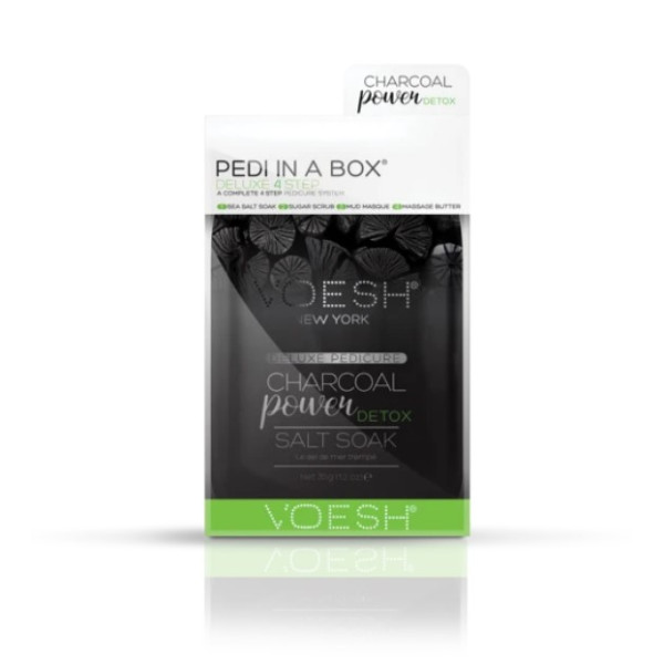 Procedūra kojoms Voesh Pedi In A Box 4 in 1 Charcoal Power detox, su anglimi, valo ir detoksikuoja pėdų odą
