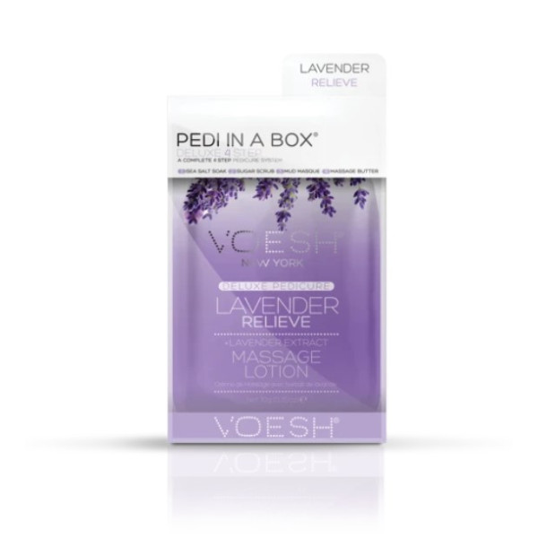 Procedūra kojoms Voesh Pedi In A Box 4 in 1 Lavender Relieve, su levandų ekstraktais, palengvina ir atgaivina pėdas