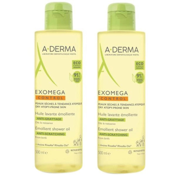 A-Derma Exomega Control Emollient Shower Oil Dry Skin dušo aliejus, 2 x 500 ml