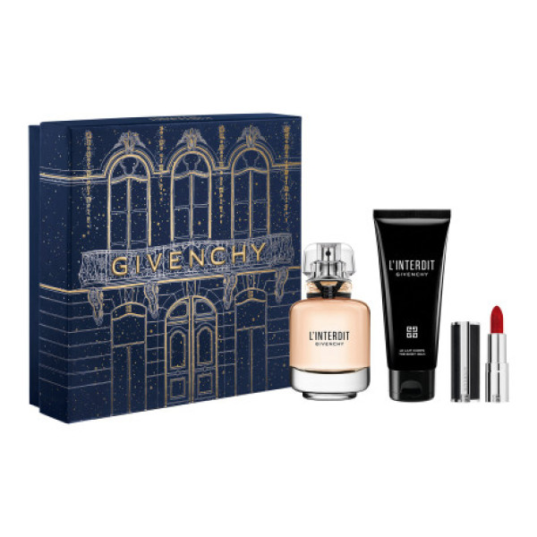 Givenchy L'Interdit rinkinys moterims (EDP, 50 ml + kūno losjonas, 75 ml + lūpų dažai Le Rouge Interdit Intense Silk 1,5 g 333)