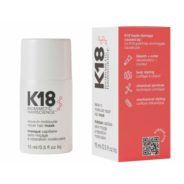 K18 Leave-in Molecular Repair Hair Mask nenuplaunama molekulinė atkuriamoji plaukų kaukė, 15 ml