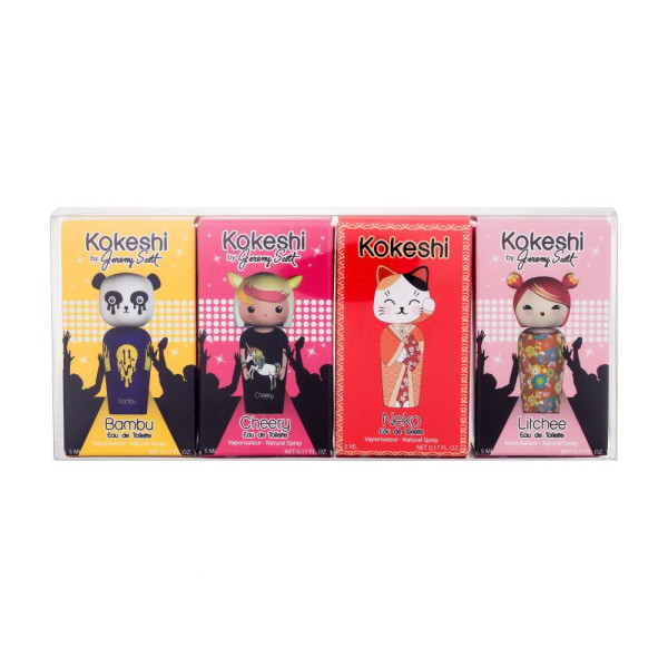 Kokeshi By Jeremy Scott Miniatures EDT rinkinys unisex (Bambu EDT, 5 ml + Cherry EDT, 5 ml + Neko EDT, 5 ml + Litchee EDT, 5 ml)