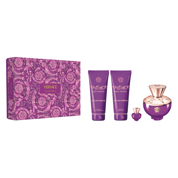 Versace Dylan Purple rinkinys moterims 2024 (EDP, 100 ml + EDP, 5 ml + dušo želė, 100 ml + kūno losjonas, 100 ml)