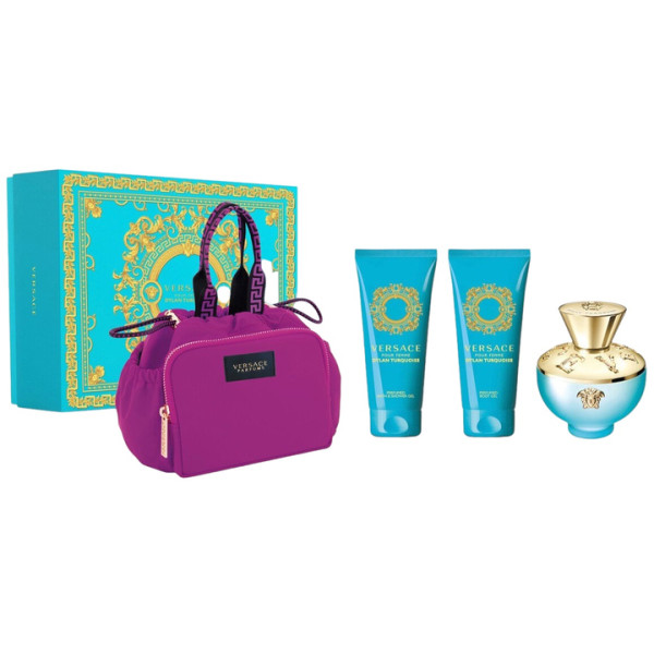 Versace Dylan Torquoise rinkinys moterims (EDT, 100 ml + kūno losjonas, 100 ml + dušo želė, 100 ml + kosmetinė)