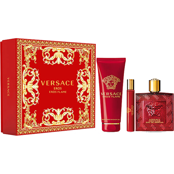 Versace Eros Flame rinkinys vyrams (EDP, 100 ml + dušo želė, 150 ml + EDP, 10 ml)